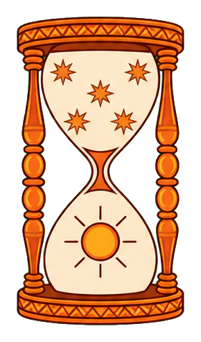 Orange celestial hourglass with stars in the top chamber and a sun symbol below