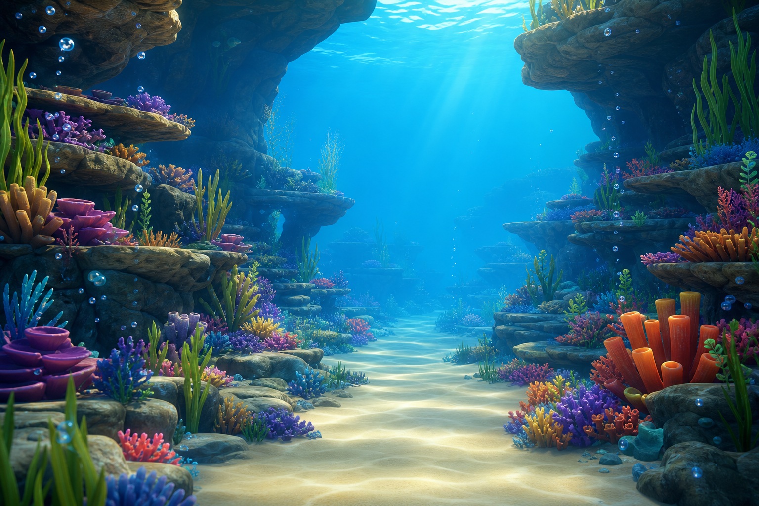 Colorful coral reef pathway leading through a blue underwater cavern with bubbles and light beams