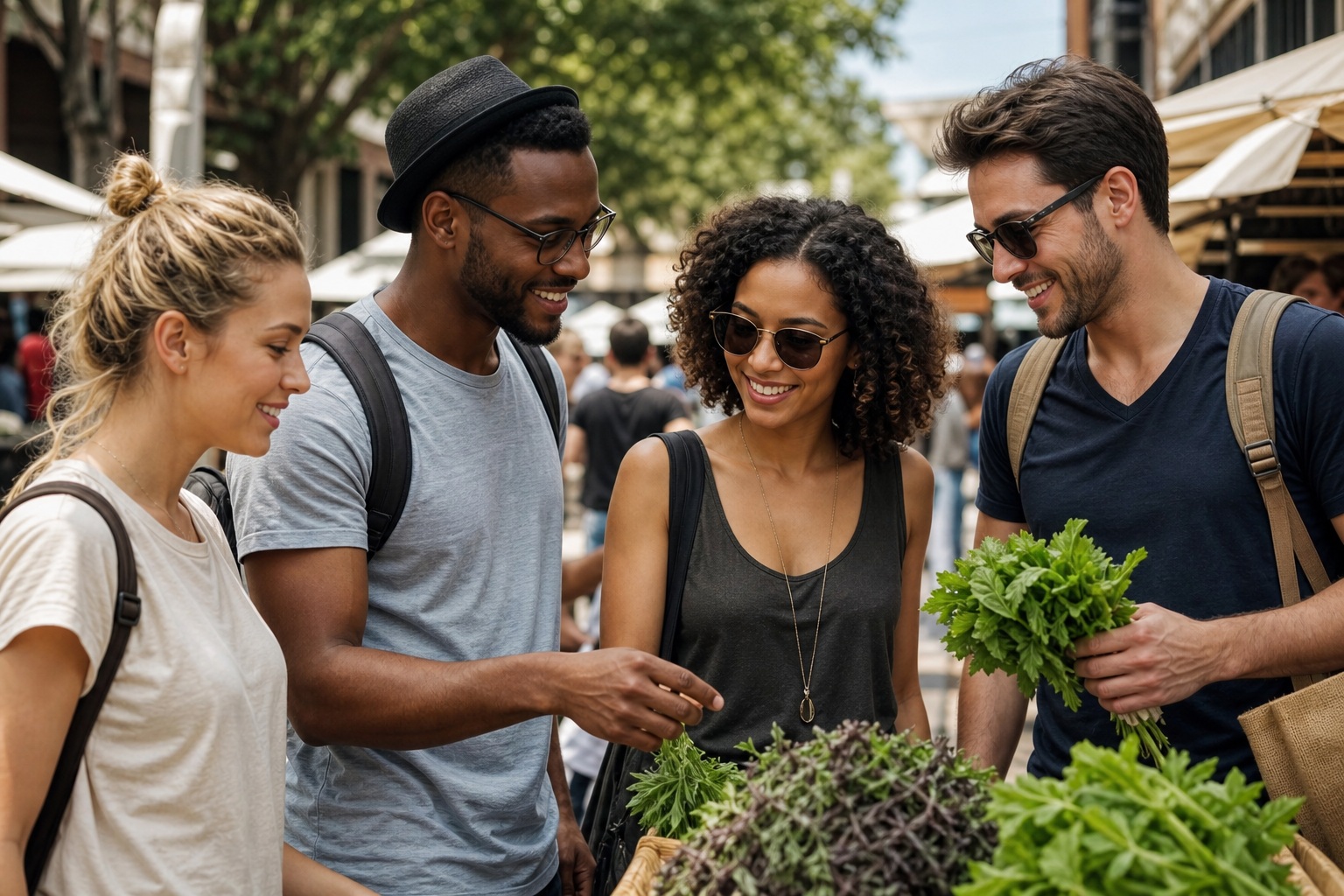 Four friends smiling and looking at plants at an outdoor market