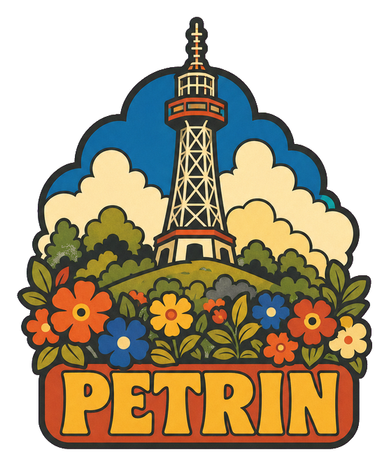 Retro Petrin word art sticker with tower, flowers, and trees