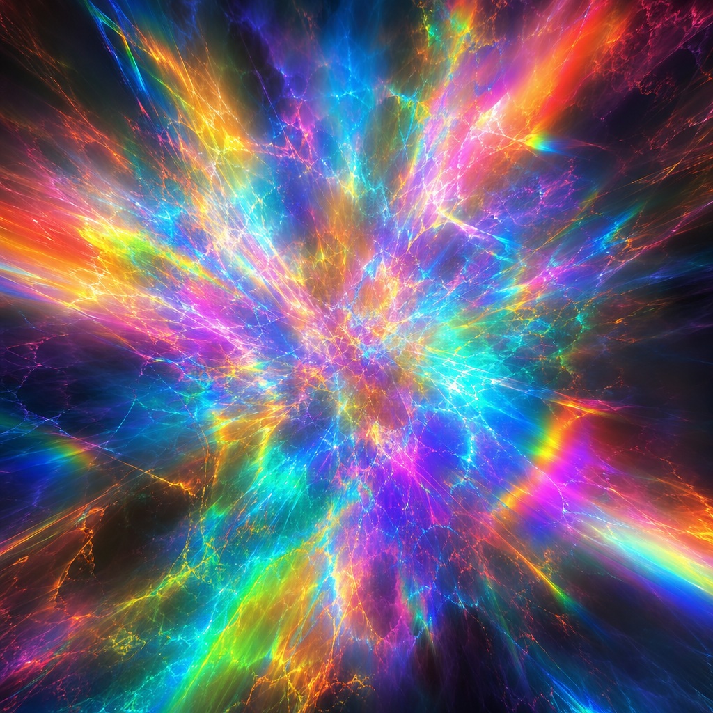 Abstract electric spectrum light burst with rainbow neon glow and radiant energy lines