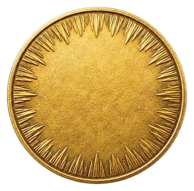 Round gold coin with a textured metallic surface and spiked edge detail