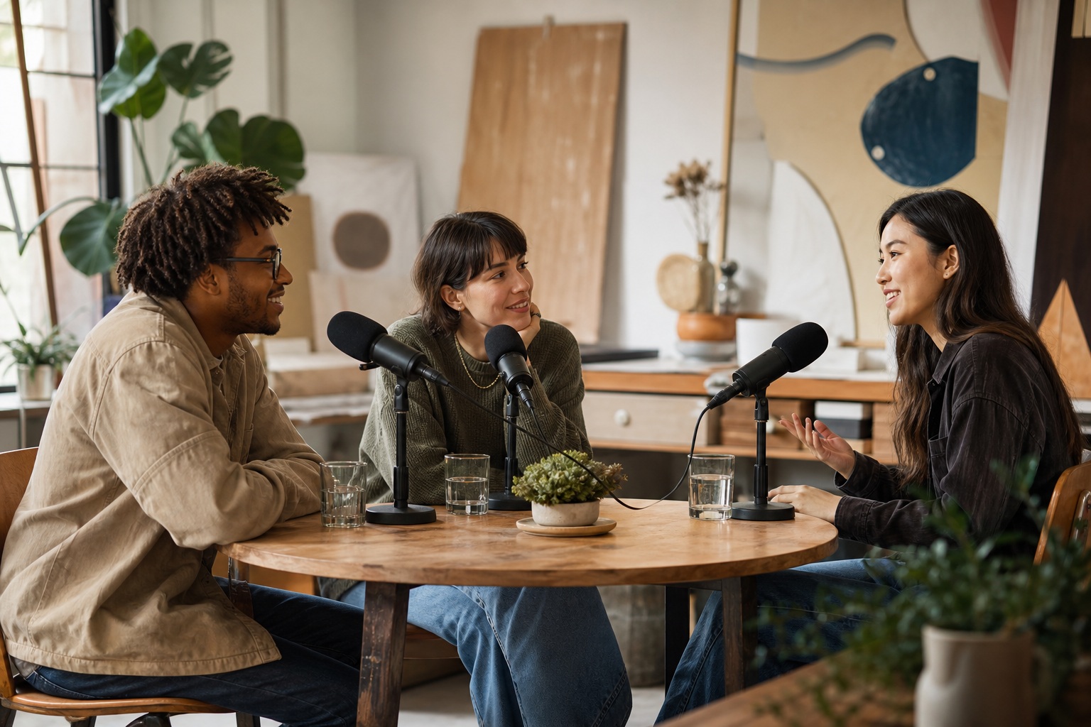 Three people sitting around a table with microphones in a bright studio space