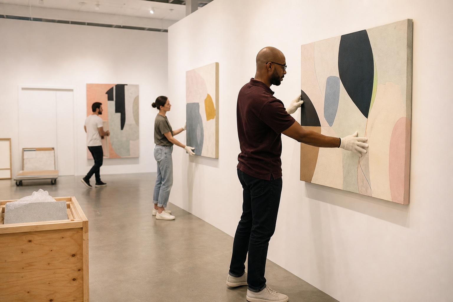 People hanging abstract artwork in a bright gallery-style studio space