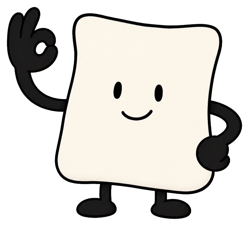 Smiling cream-colored character holding an okay hand gesture with black limbs.