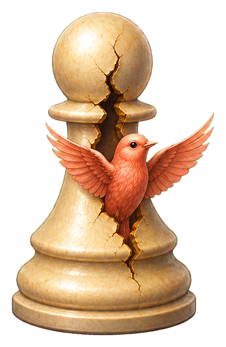 A small orange bird emerging from a cracked beige chess pawn