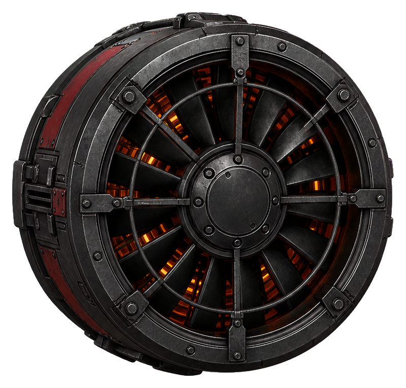 Dark circular turbine fan with orange glowing slits and metal blades