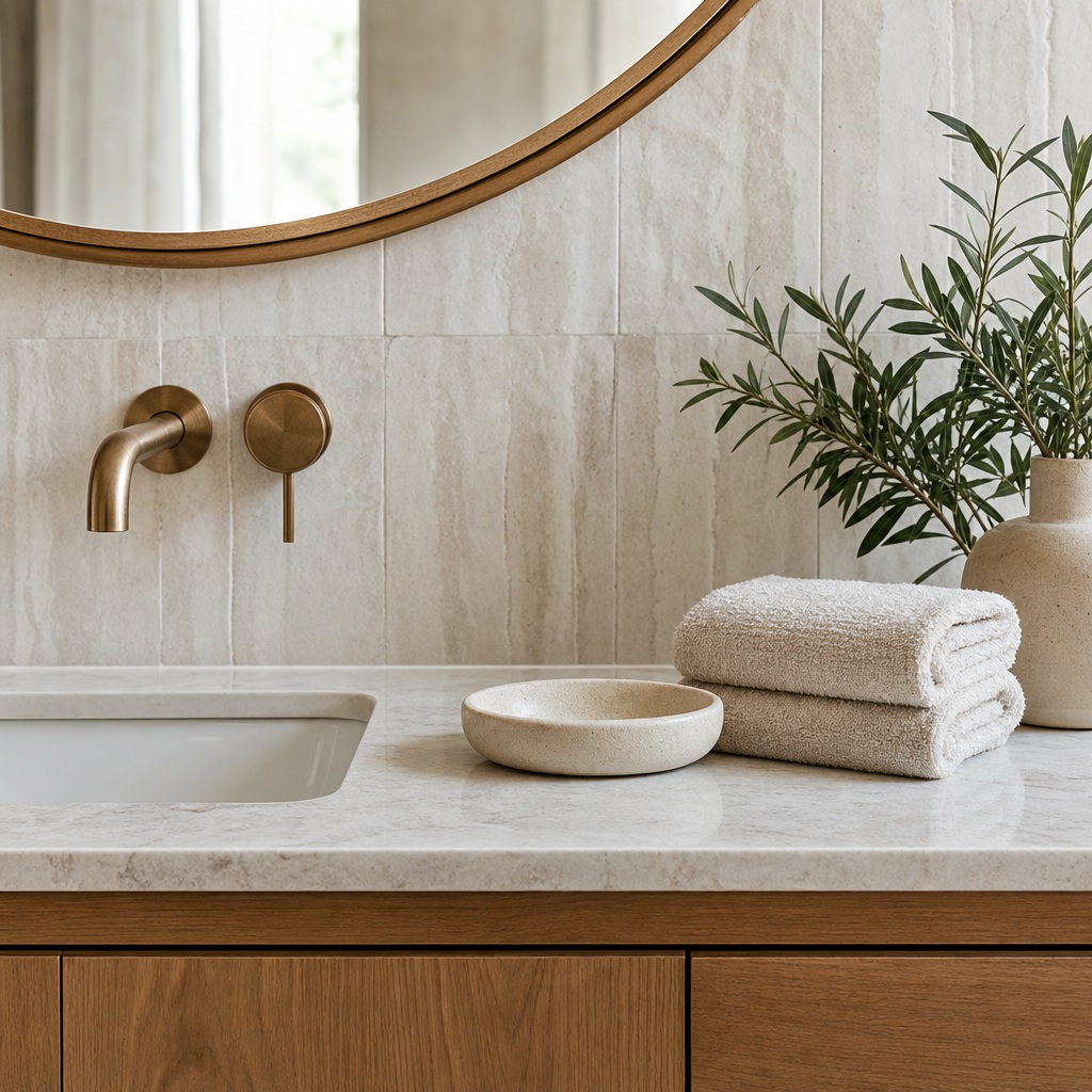 Modern bathroom vanity with round mirror, sink, folded towels, and a potted plant.