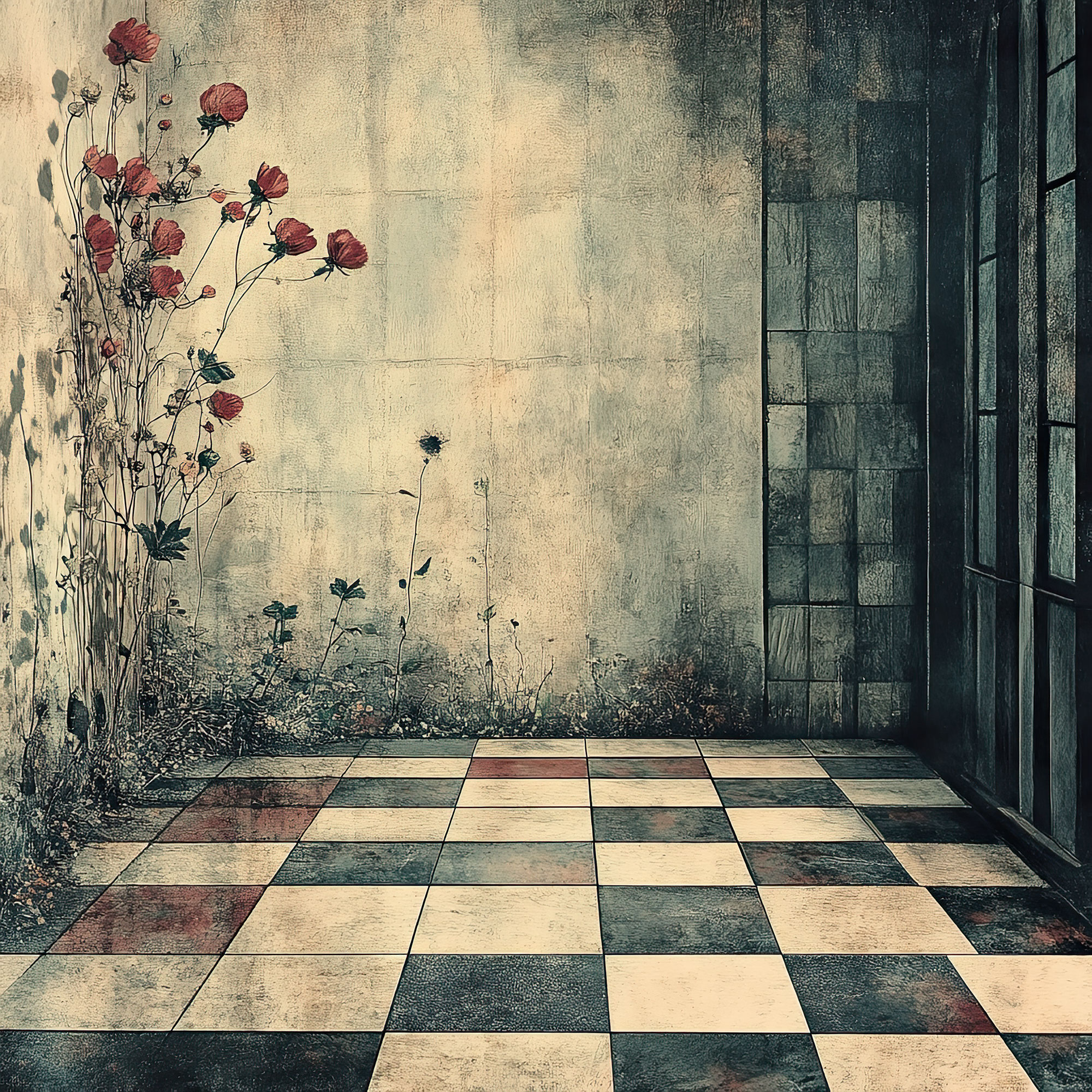Preview for Abandoned-room-checkered-floor-interior-backdrop-background-c170c