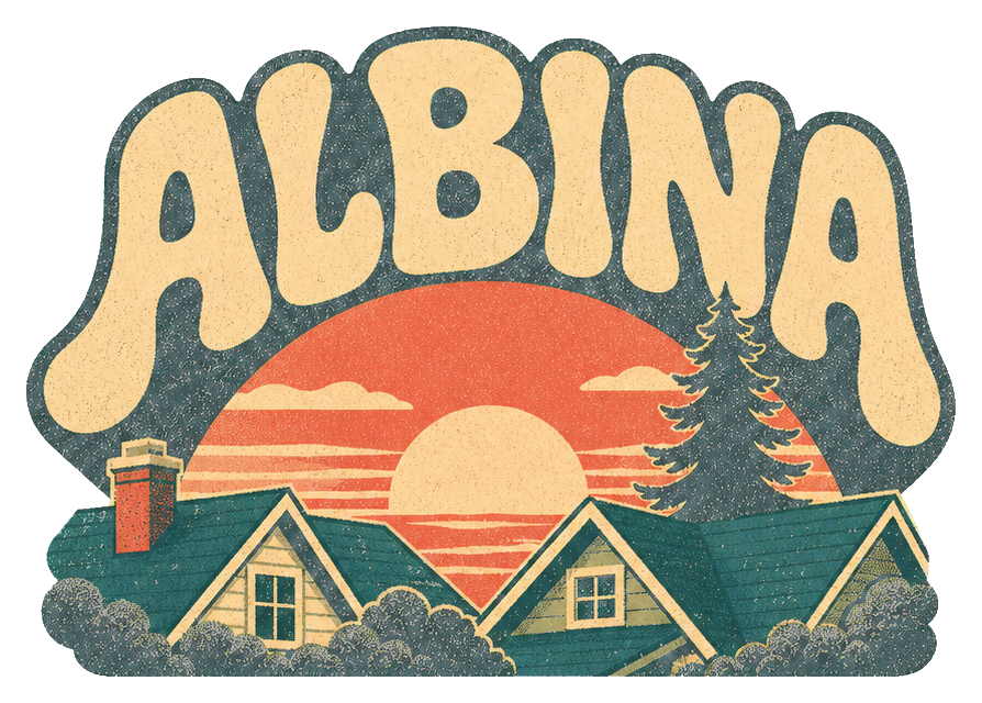 Retro Albina text sticker with a sunset, houses, and pine trees.