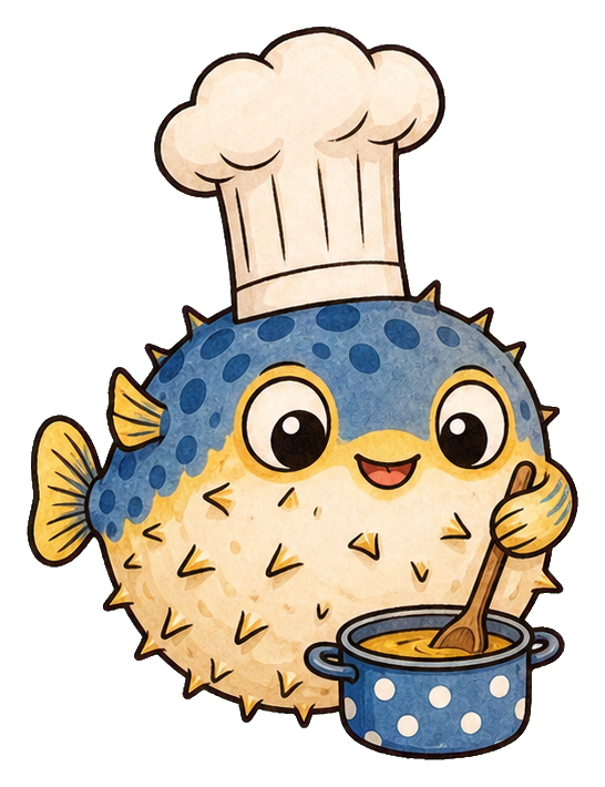 Cartoon pufferfish wearing a chef hat and holding a spoon beside a polka dot pot.