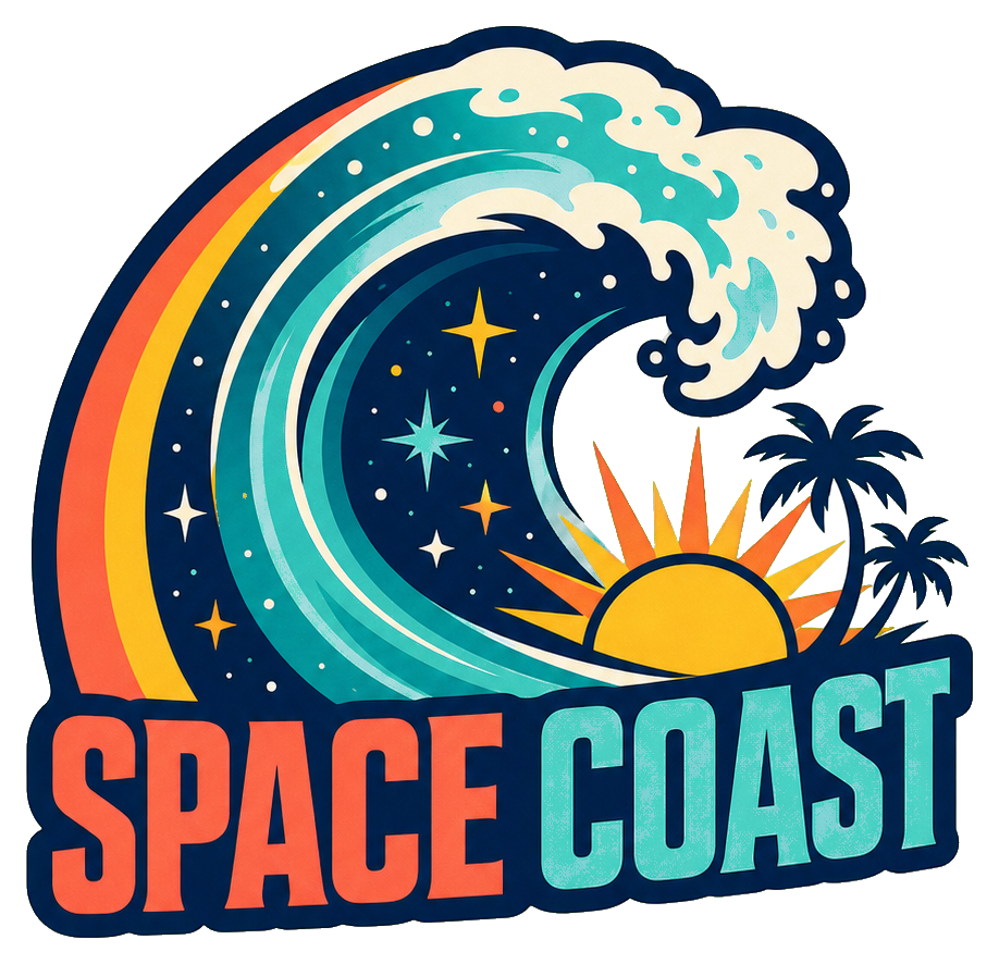Retro Space Coast text with a starry wave curling over a sunset and palm silhouette