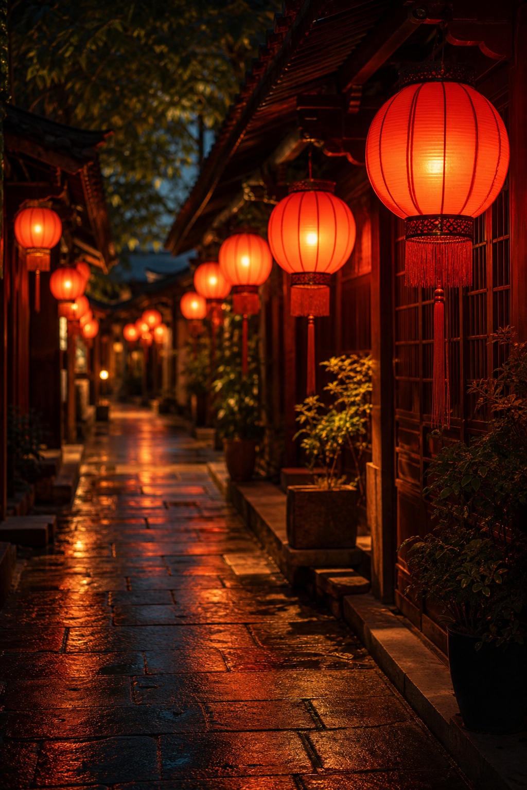 Red lanterns glowing along a narrow wet alley at night.
