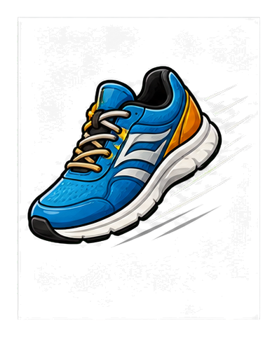 Blue running shoe sticker with orange accents and motion streaks