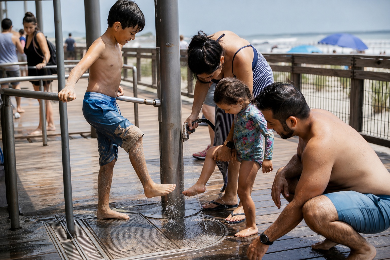 People rinsing their feet at a coastal boardwalk wash station near the beach.