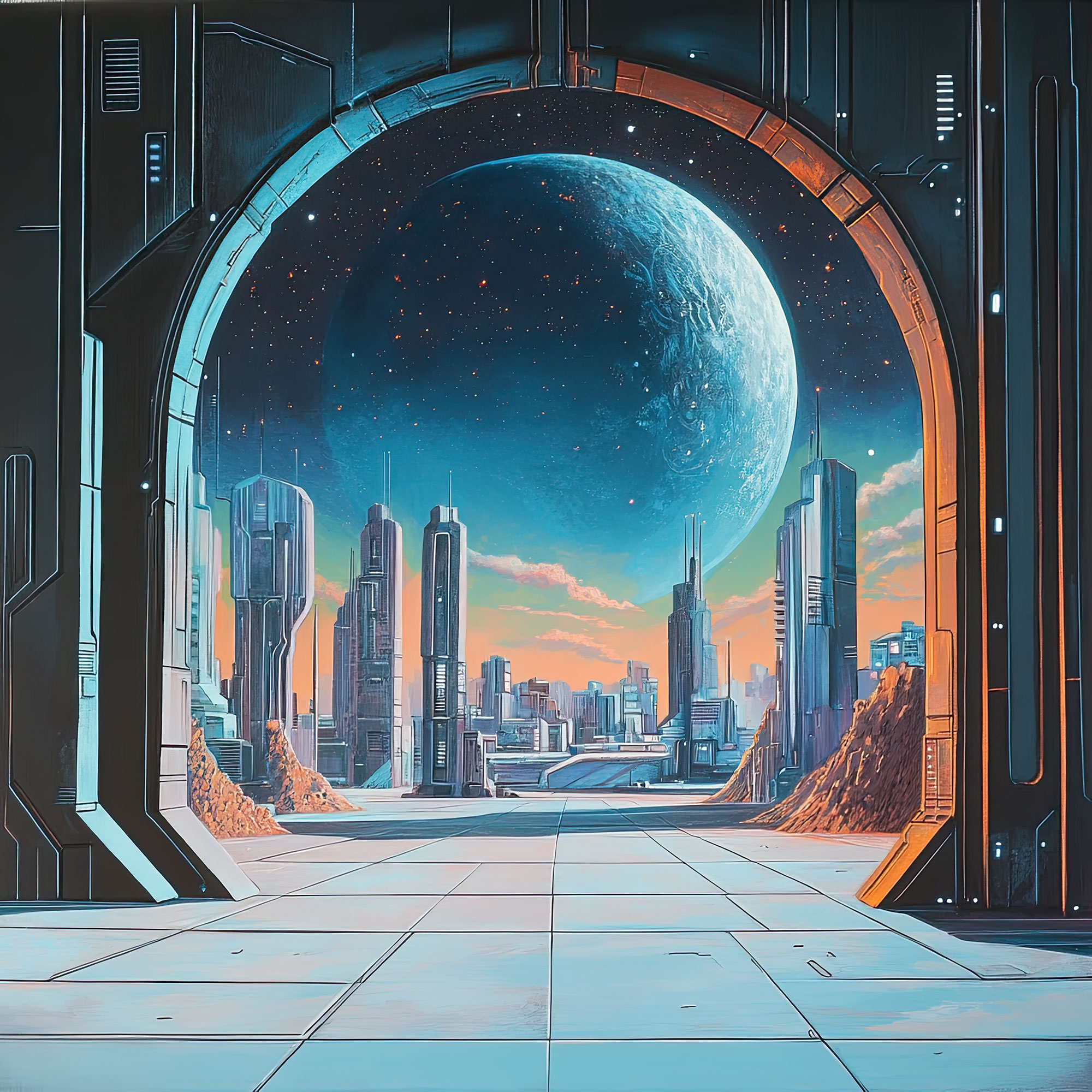 Preview for Futuristic-cityscape-through-archway-sci-fi-backdrop-background-3084b