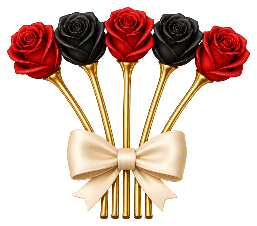Bouquet of red and black roses with gold stems and a cream bow