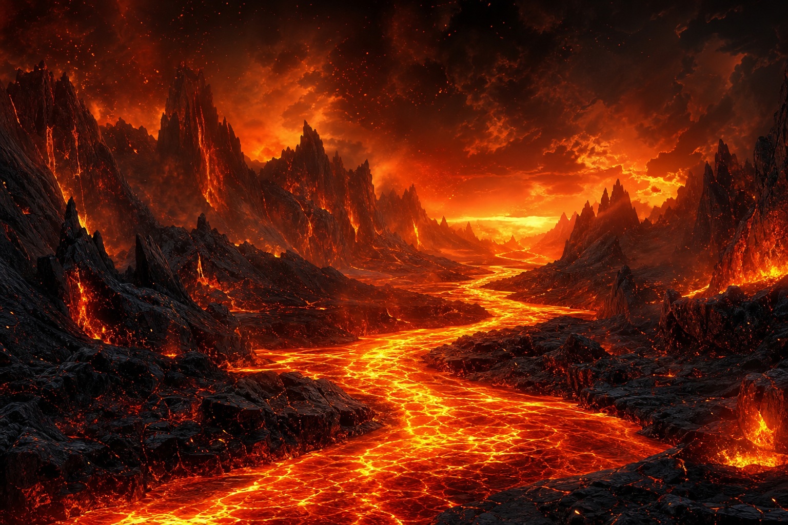Glowing lava river winding through a dark volcanic valley beneath jagged mountains