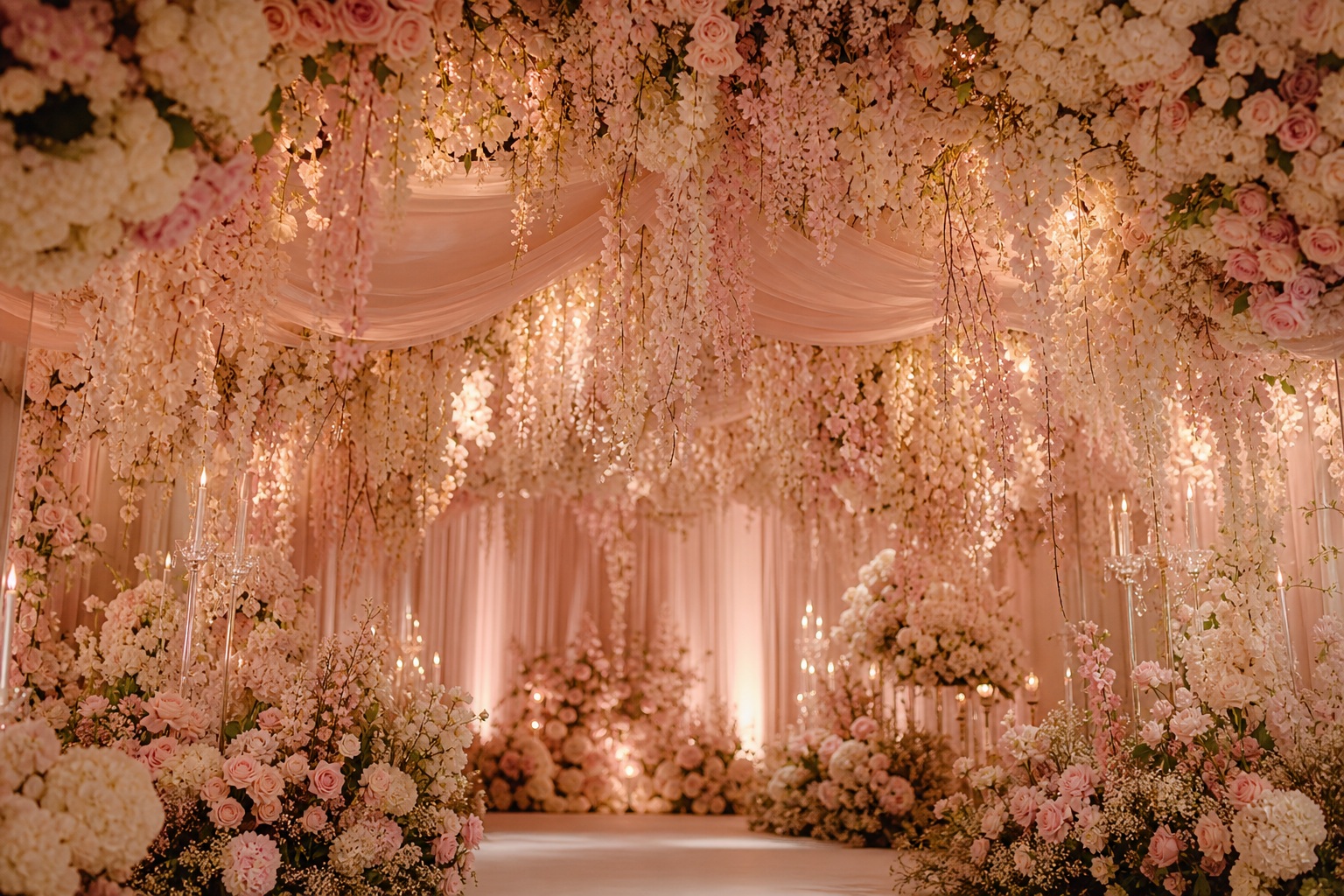 Blush wedding stage with cascading flowers, draped fabric, and warm glowing lights