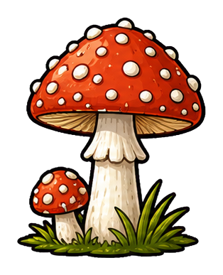 Spotted red toadstool mushroom with a smaller mushroom and grass at the base