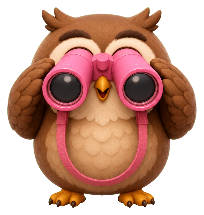 Cartoon owl holding pink binoculars backward over its eyes.