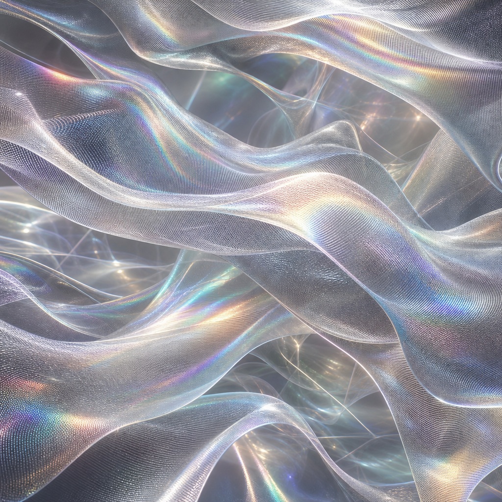 Iridescent silver mesh folds with flowing abstract waves and soft rainbow highlights