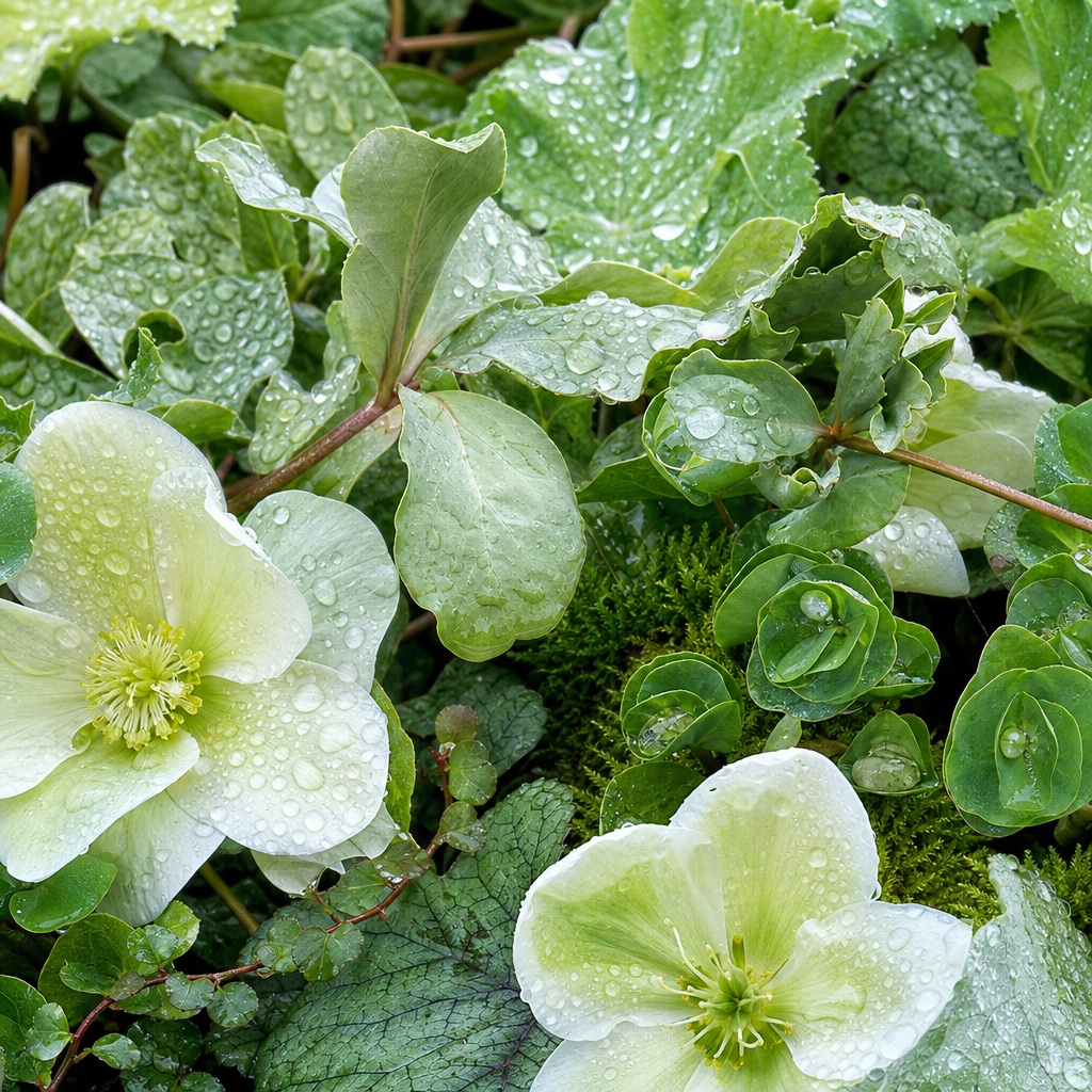 Wet green leaves and pale flowers covered in rain droplets