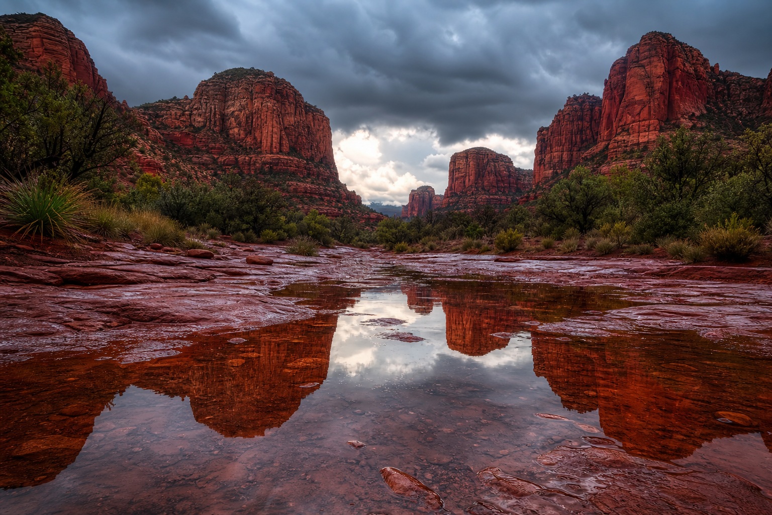 Red rock desert canyon reflected in a shallow puddle under a cloudy sky.
