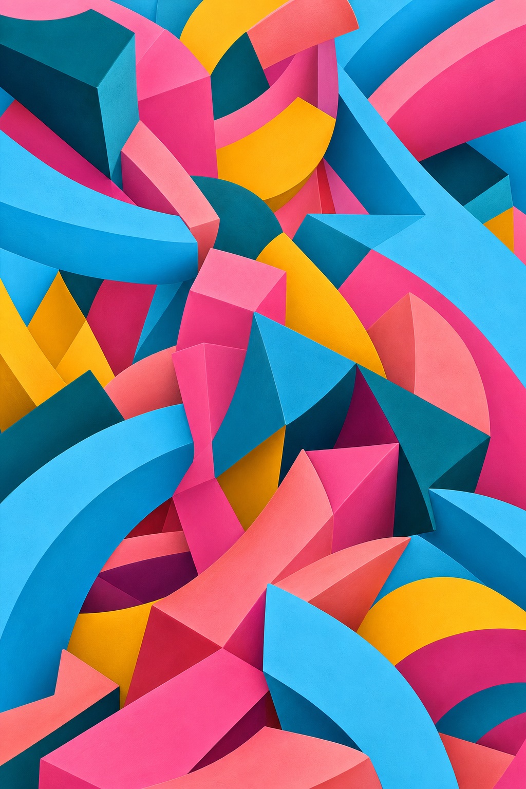 Colorful abstract 3D shapes in sky blue, hot pink, yellow, and teal with curved geometric forms