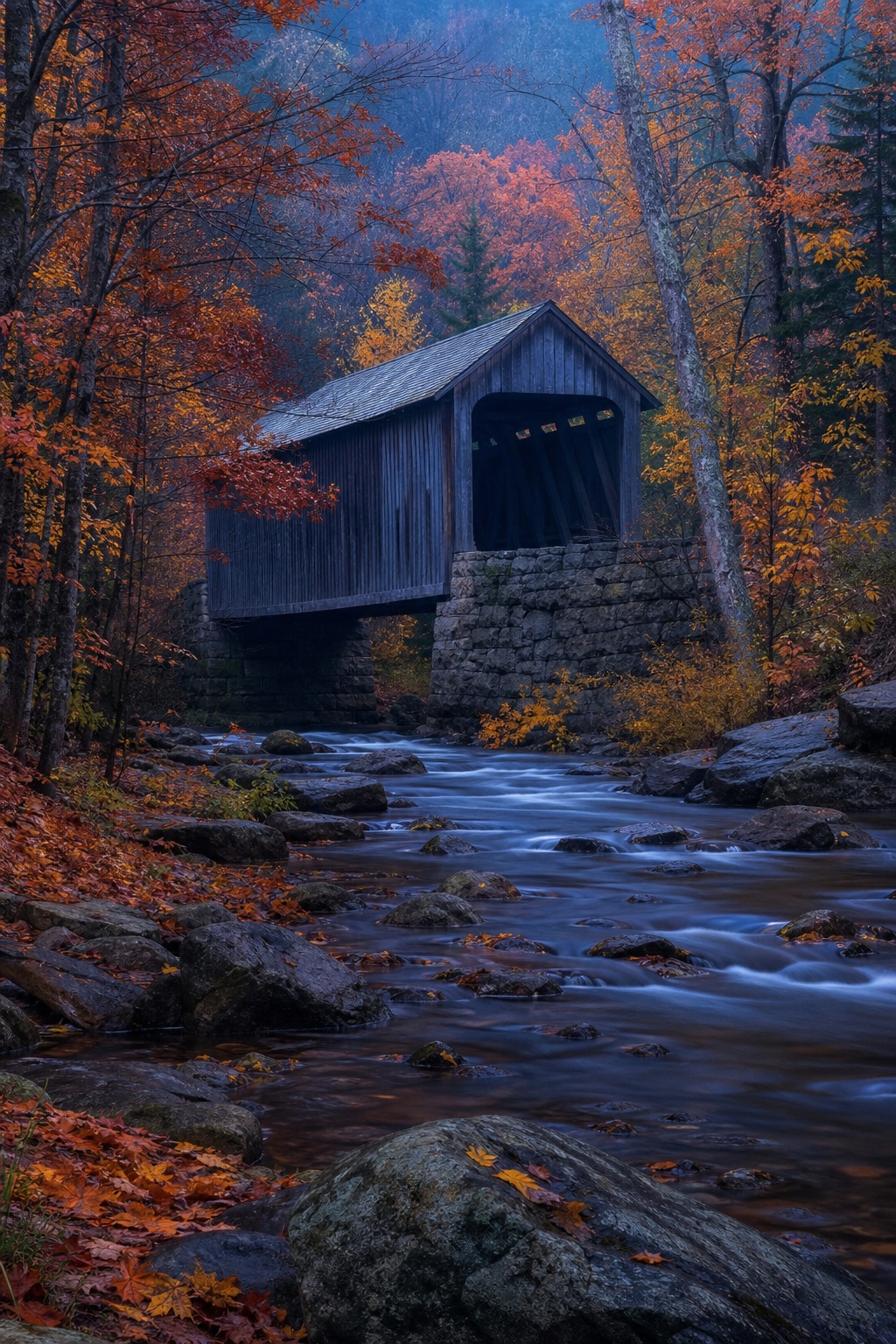 Covered bridge over a rocky stream in an autumn forest at cool twilight