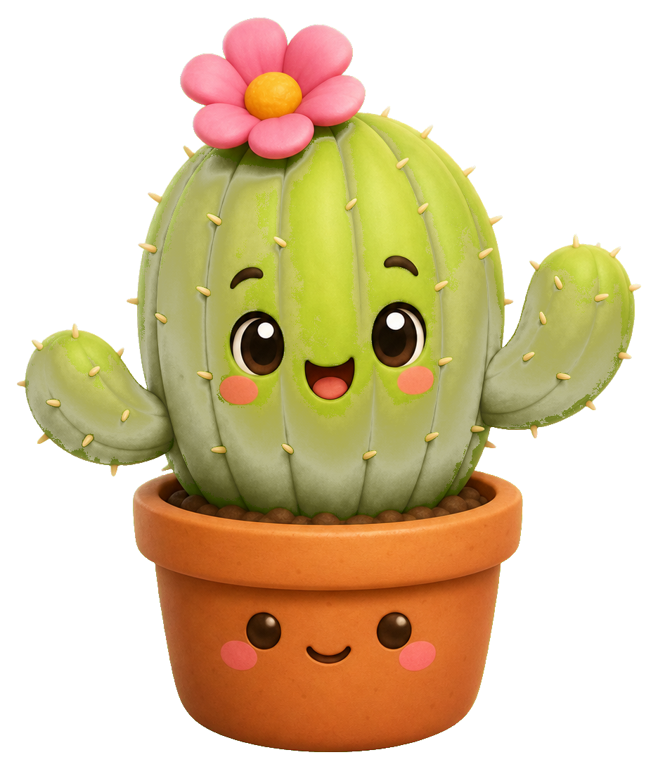 Smiling cartoon cactus in a terracotta pot with raised arms and a flower on top