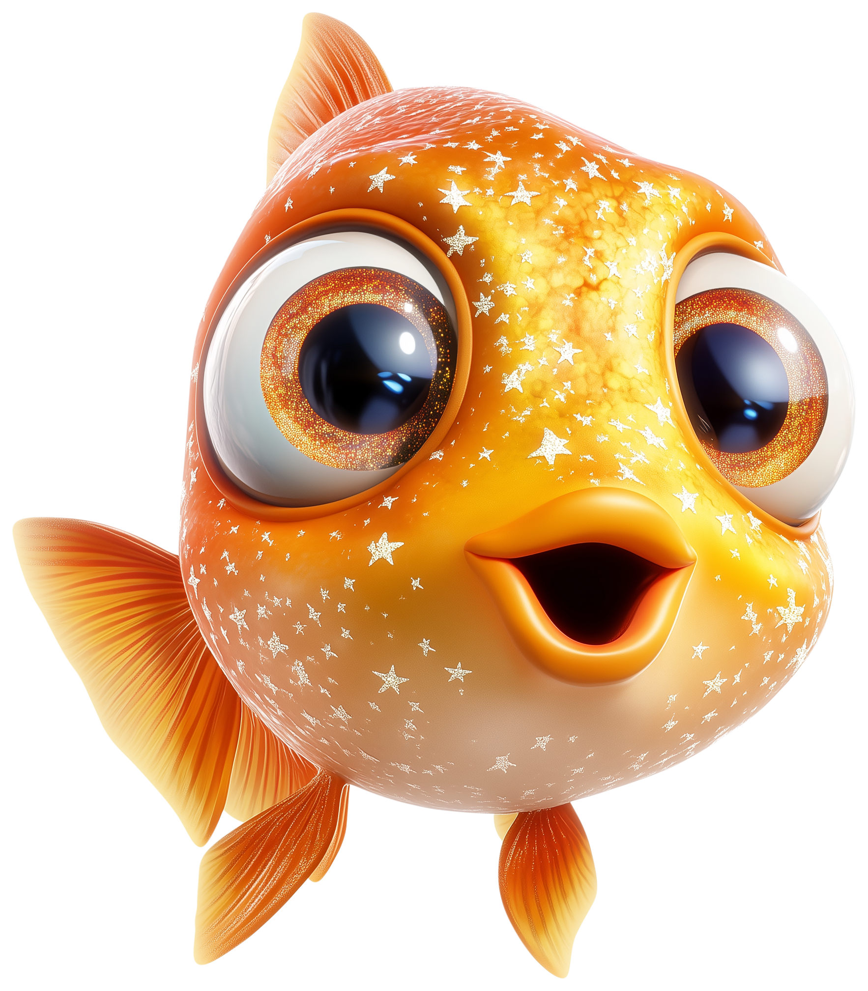 Cute 3D gold fish emoji with big eyes and an open smiling mouth