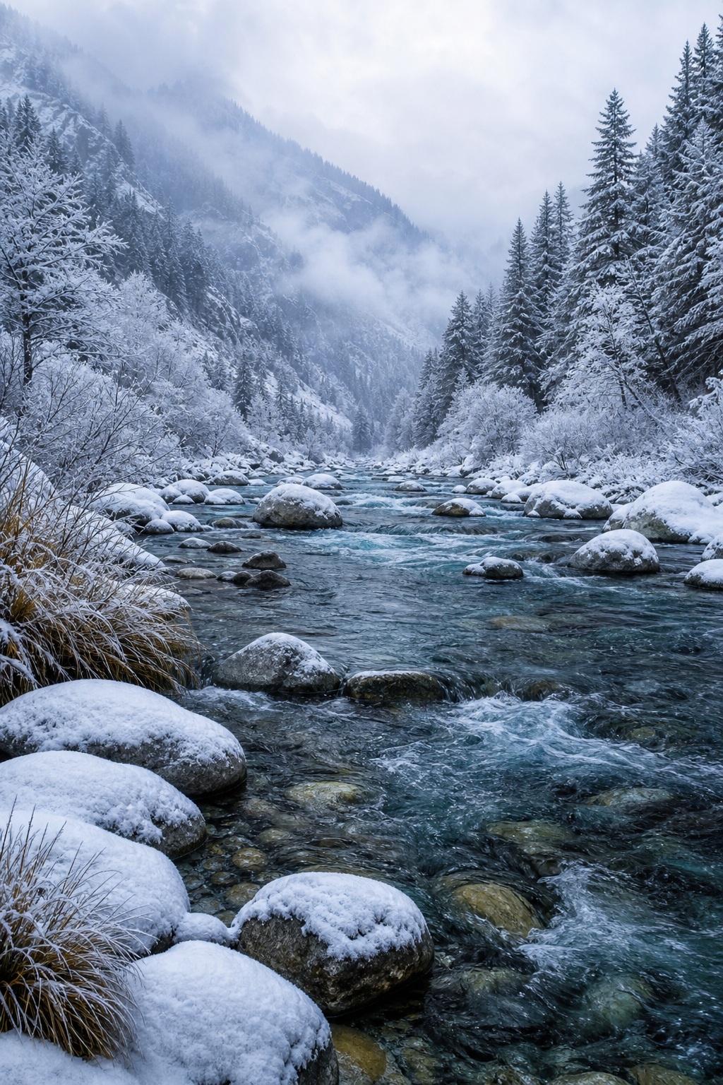 Snow-covered river canyon with misty mountains, frosted rocks, and evergreen trees in winter light