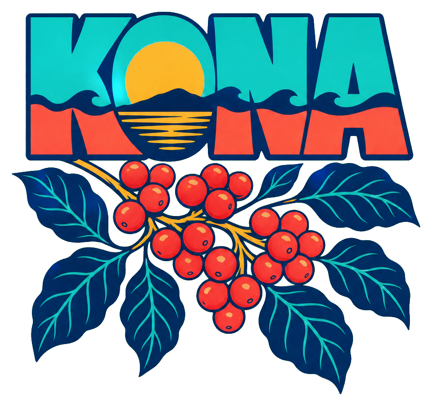 Retro Kona word art above a coffee branch with red berries and blue leaves.
