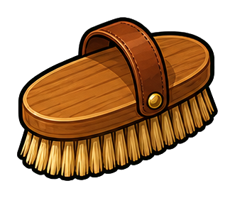 Wooden horse grooming brush with tan bristles and brass details