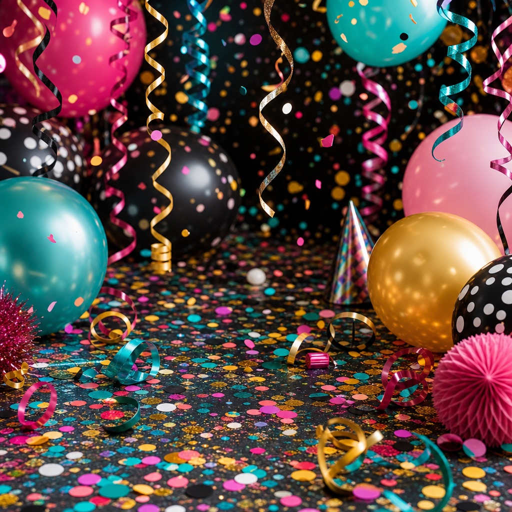 Colorful retro birthday confetti scattered across a party floor with balloons and streamers.