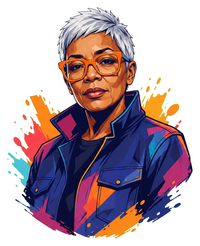 Colorful portrait sticker of a silver-haired person wearing orange glasses and a dark jacket