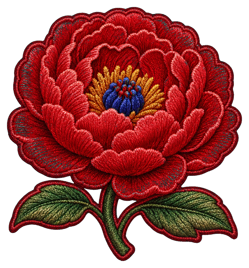Red embroidered peony flower patch with green leaves and dark center