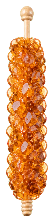 A vertical amber rock candy crystal stick with a glossy, photorealistic texture.