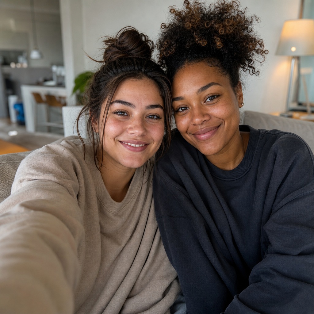 Two smiling women posing closely for a selfie in a cozy living room.