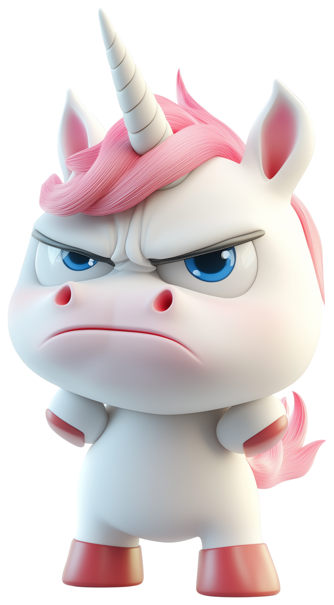 Angry white unicorn with blue eyes, pink mane, and a pointed horn
