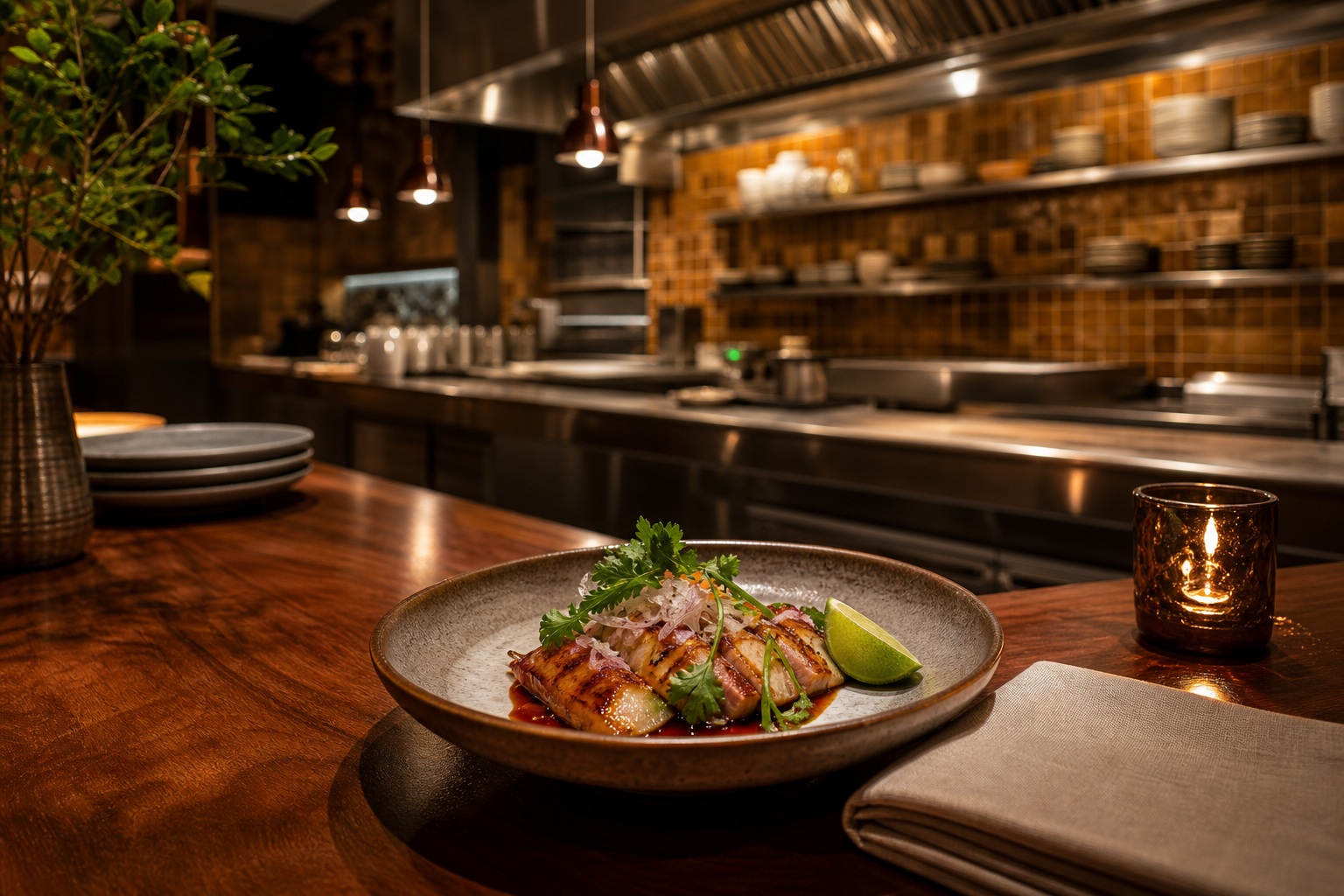 A plated dish on a wooden restaurant table with warm open kitchen ambience