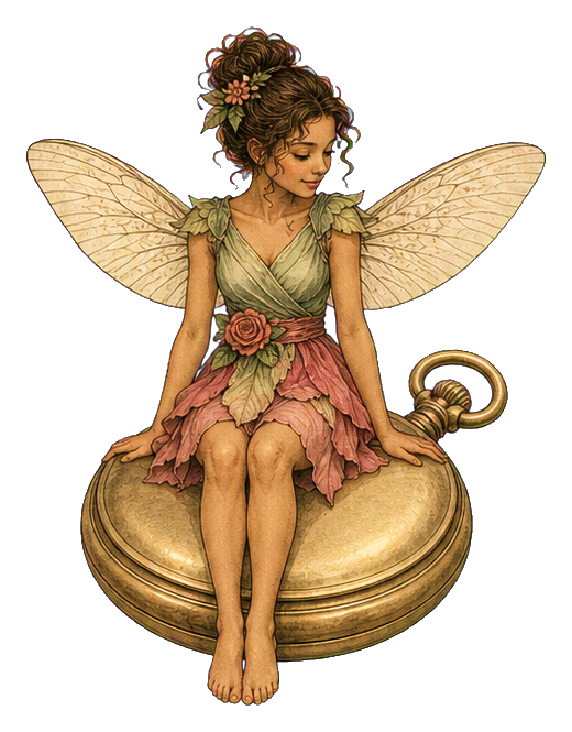 A winged fairy with flowers sitting on a gold pocket watch.