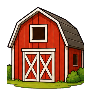 Illustration of a red barn with white doors, trim, and a small window.