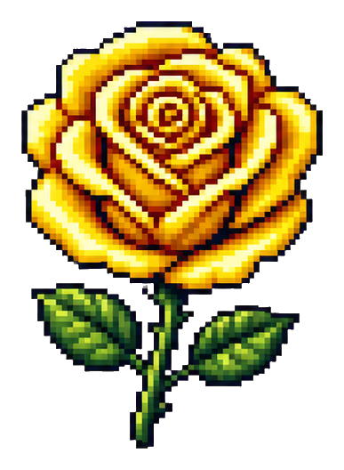 Pixel art gold rose with green stem and leaves on a black background