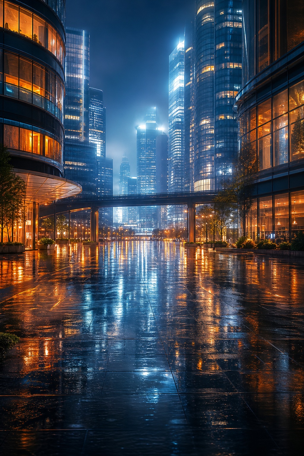 Rain-slick city street reflecting glowing blue and orange skyscraper lights at night