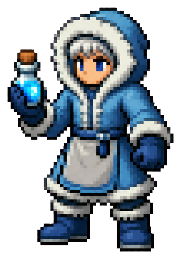 Pixel art ice alchemist in a blue hooded robe holding a glowing vial