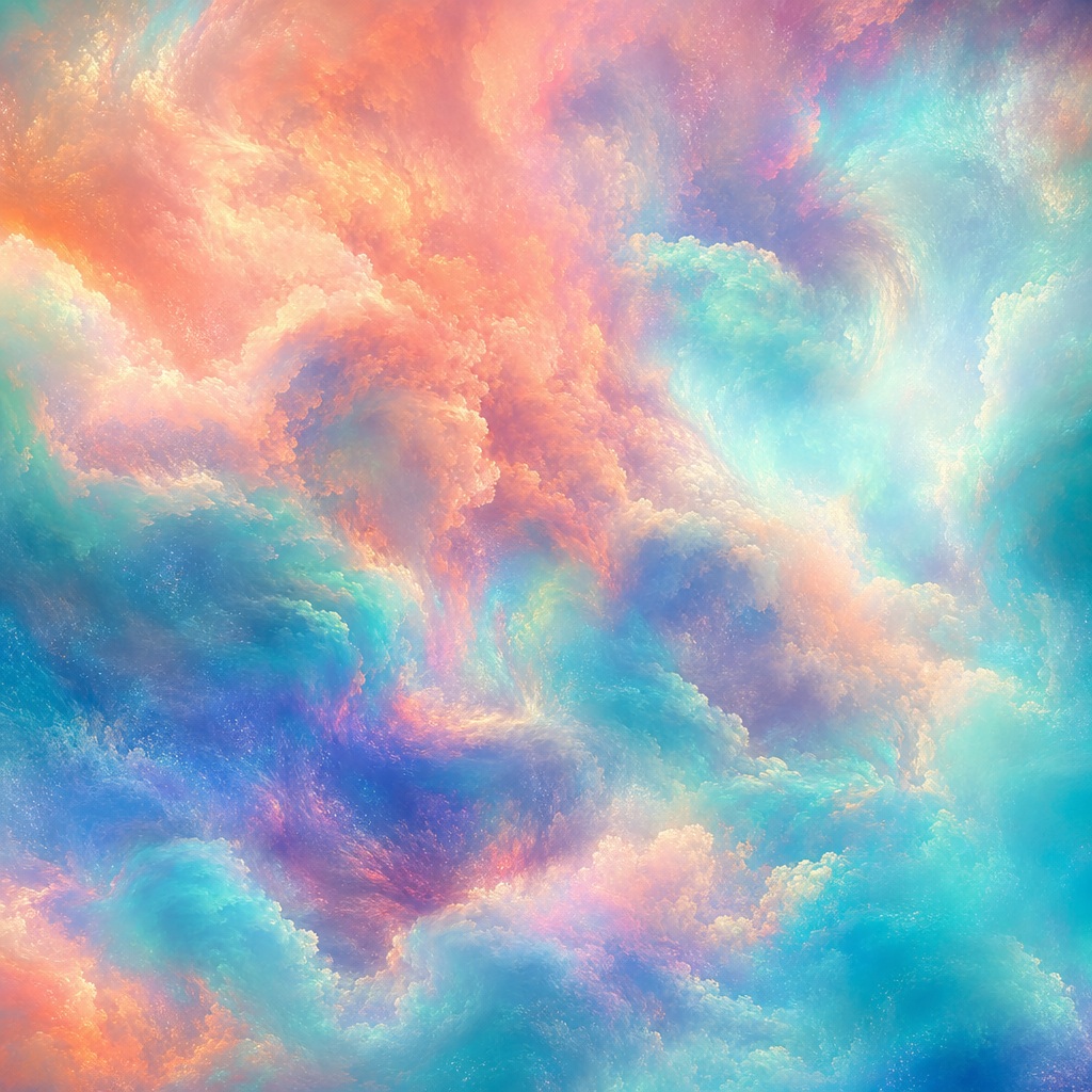 Soft pearlescent cloud-like abstract background in coral, teal, pink, and blue gradients.