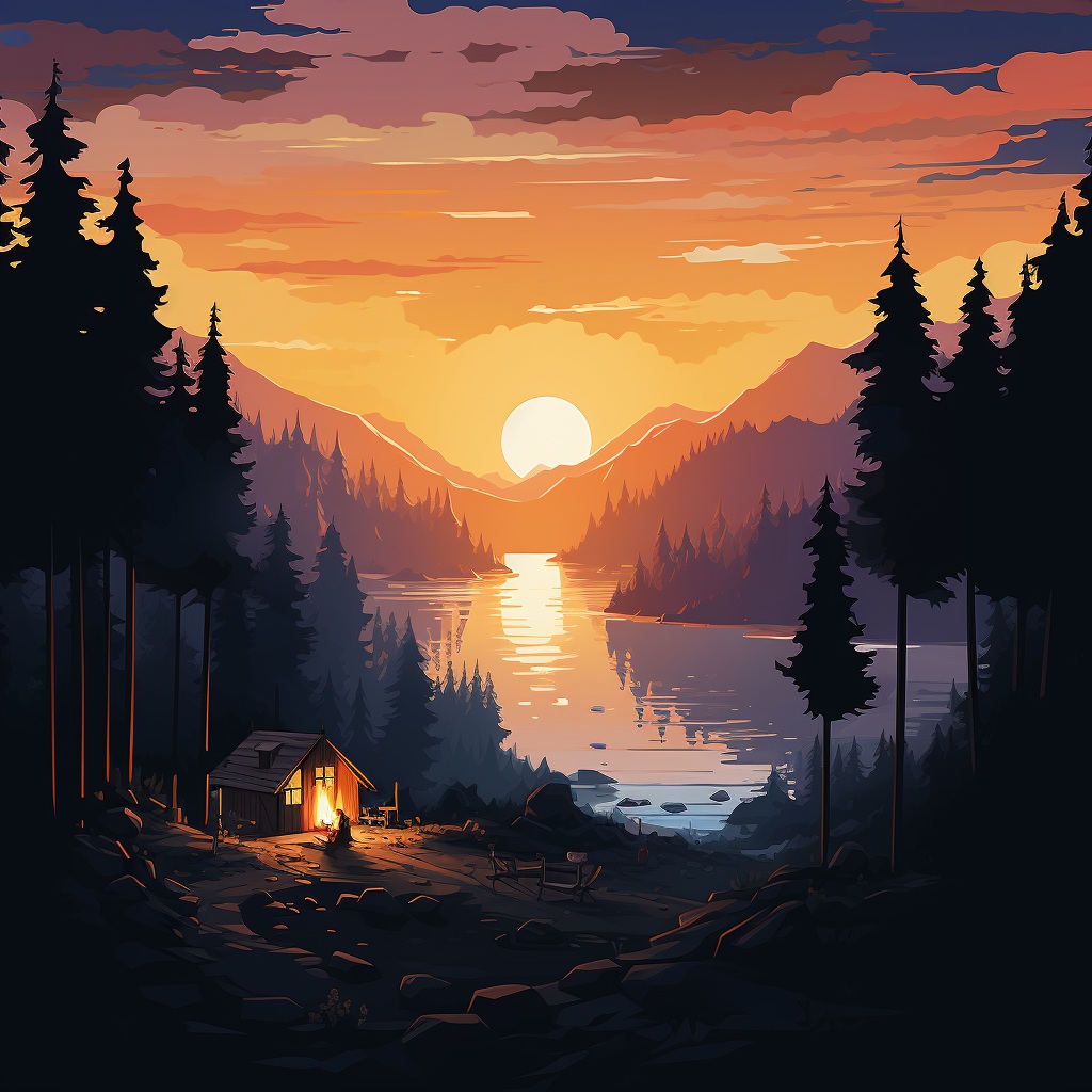 Illustrated campsite beside a lake with pine trees, mountains, and a glowing sunset.