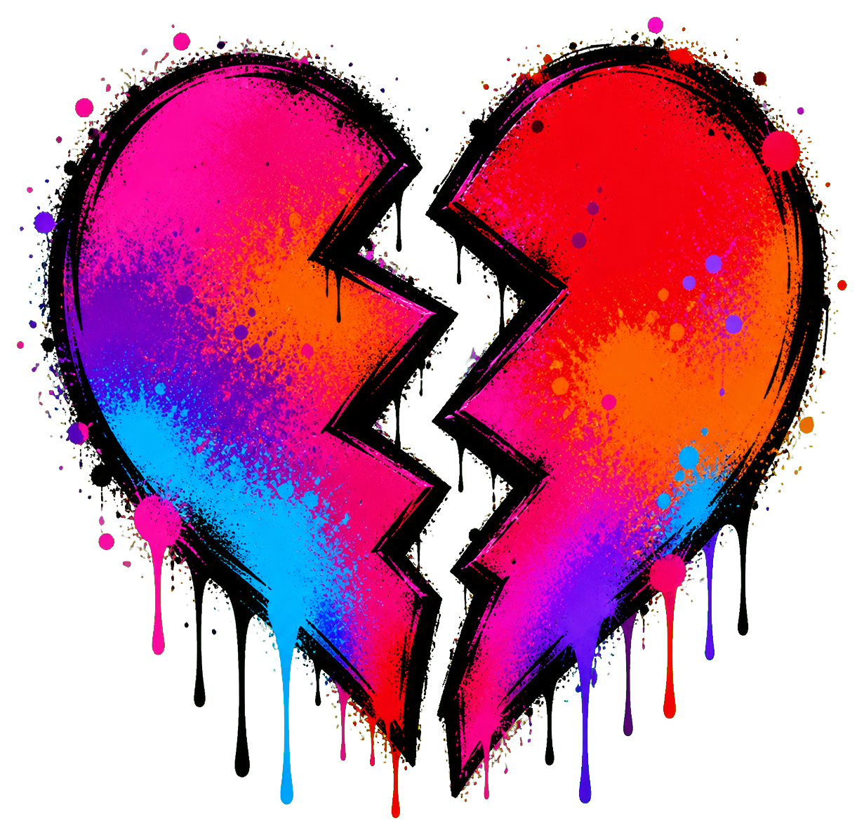 Colorful broken heart with dripping graffiti paint and a jagged black split line